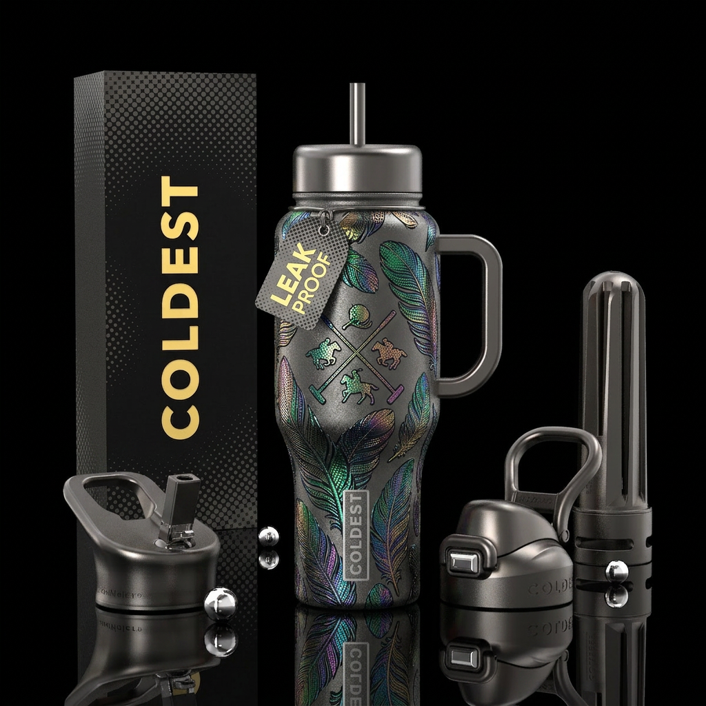 feathers, luxurious,, polo, gunmetal, halftone water bottle design