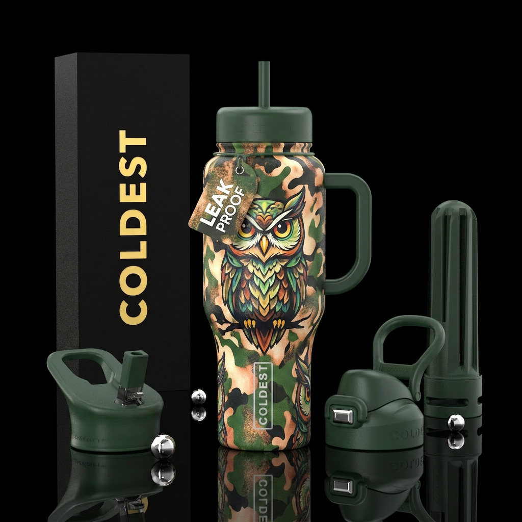 owl, bleach effect, whimsical, camouflage water bottle design