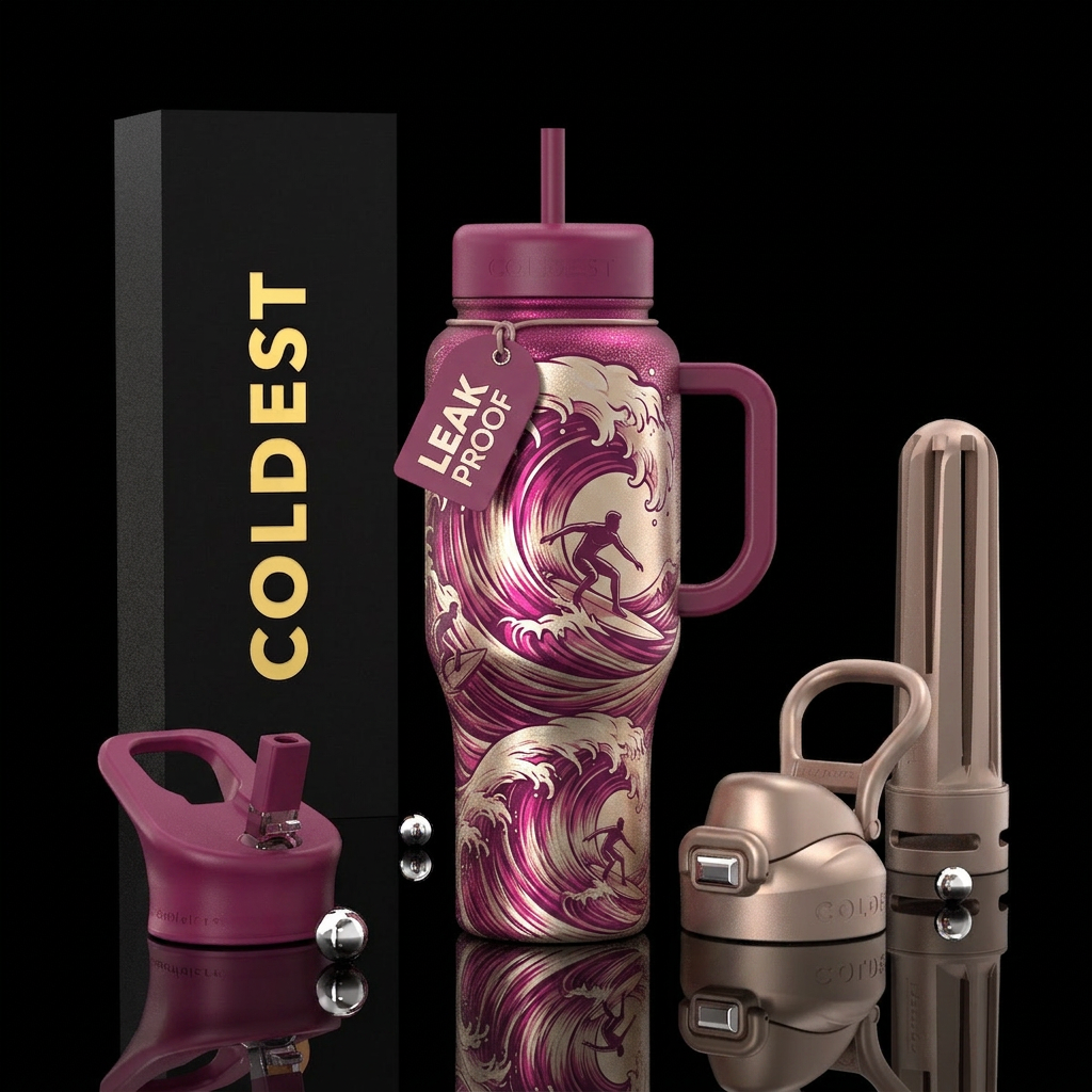magenta, champagne, surfing, powerful water bottle design