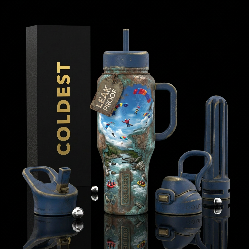 skydiving, river, weathered water bottle design