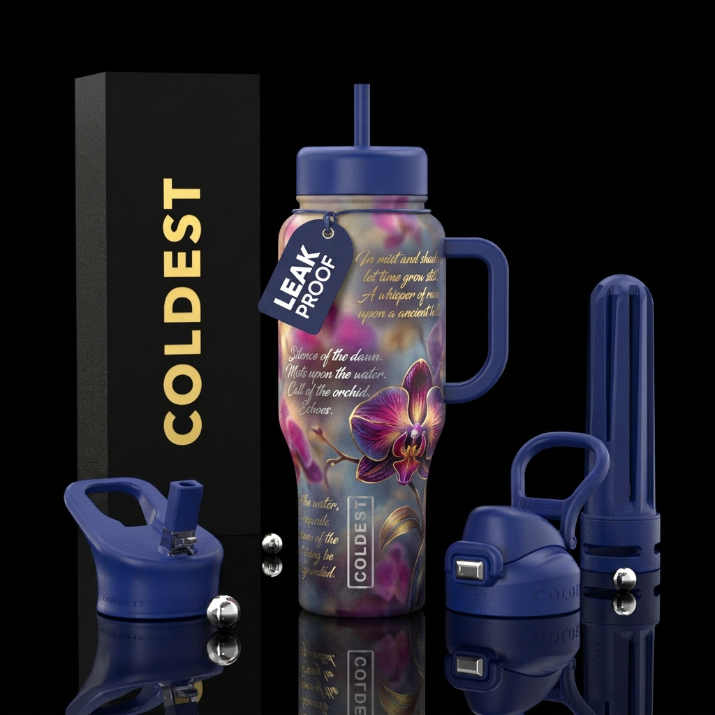 mysterious, foggy morning, calligraphy, futuristic... water bottle design