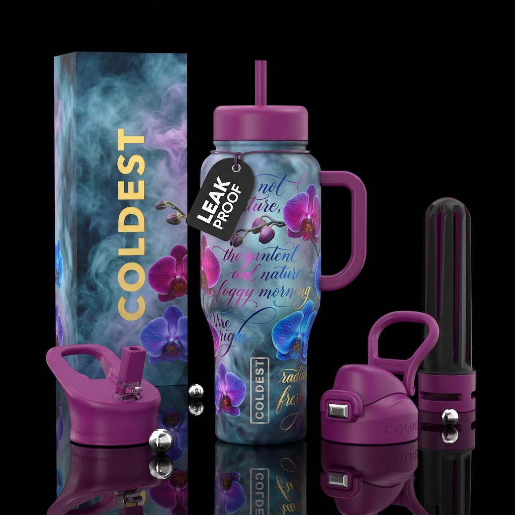 mysterious, foggy morning, calligraphy, futuristic... water bottle design