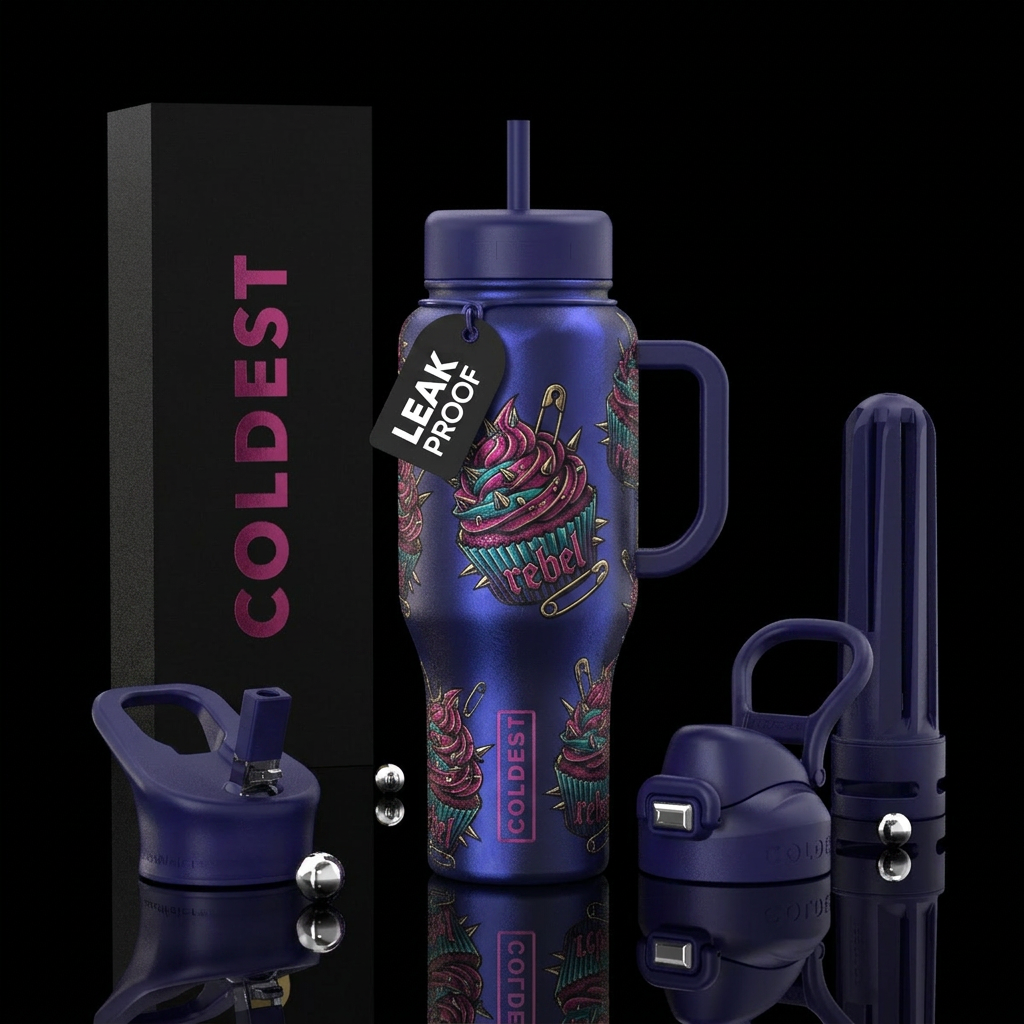 rebellious, cupcake, silk, indigo, mysterious water bottle design