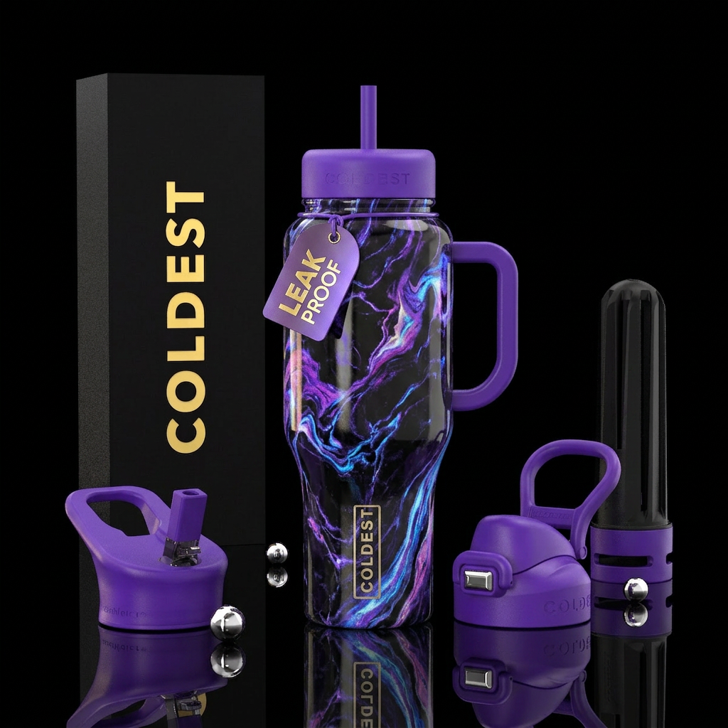 Black, purple & blue marble water bottle design