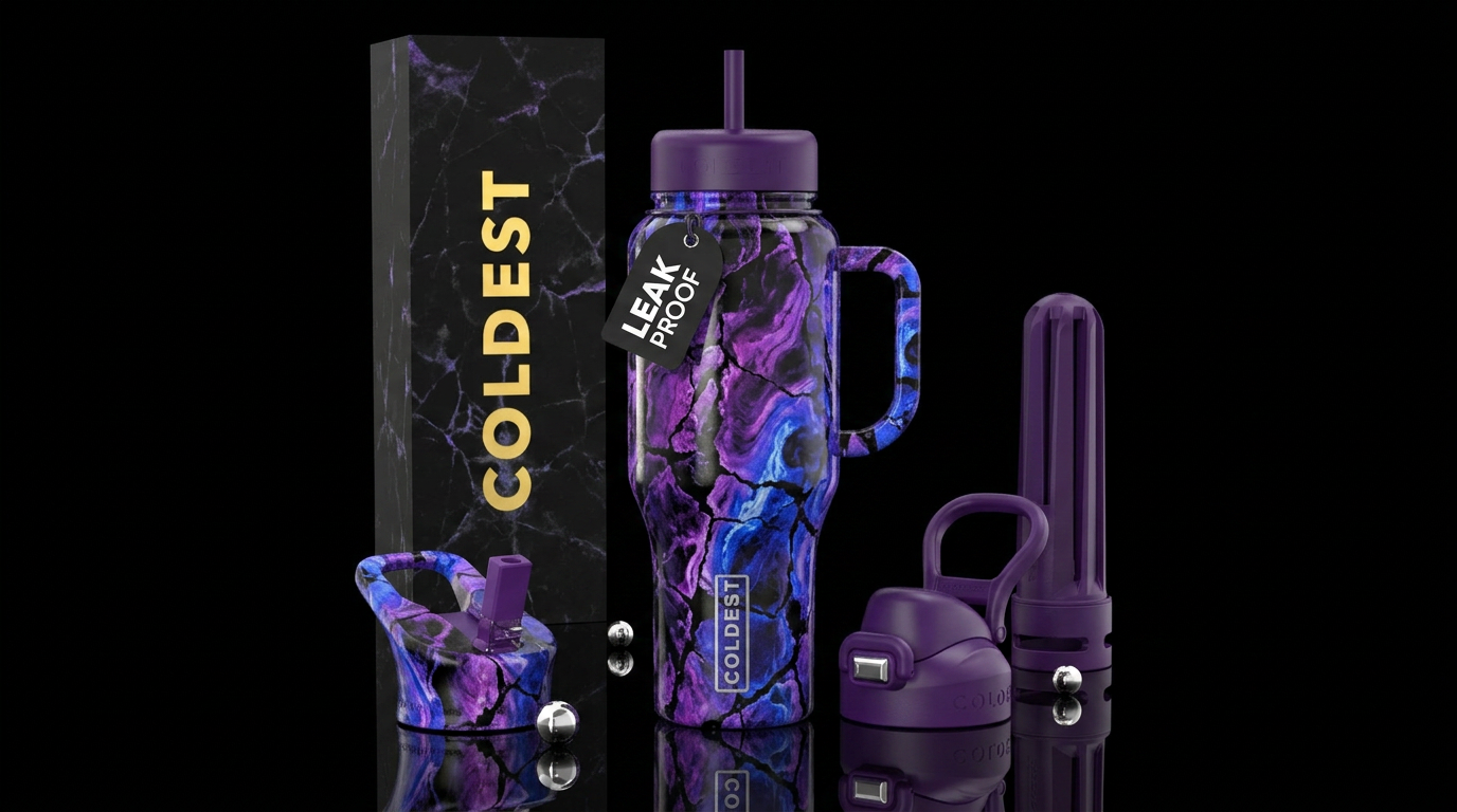 Black, purple & blue cracked marble water bottle design