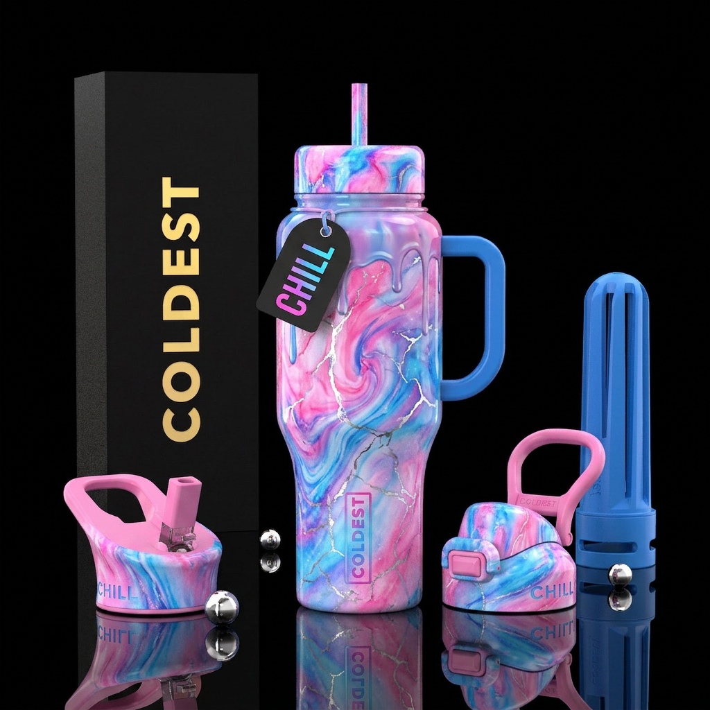 Magical cotton candy color w/ drip cracked marble water bottle design