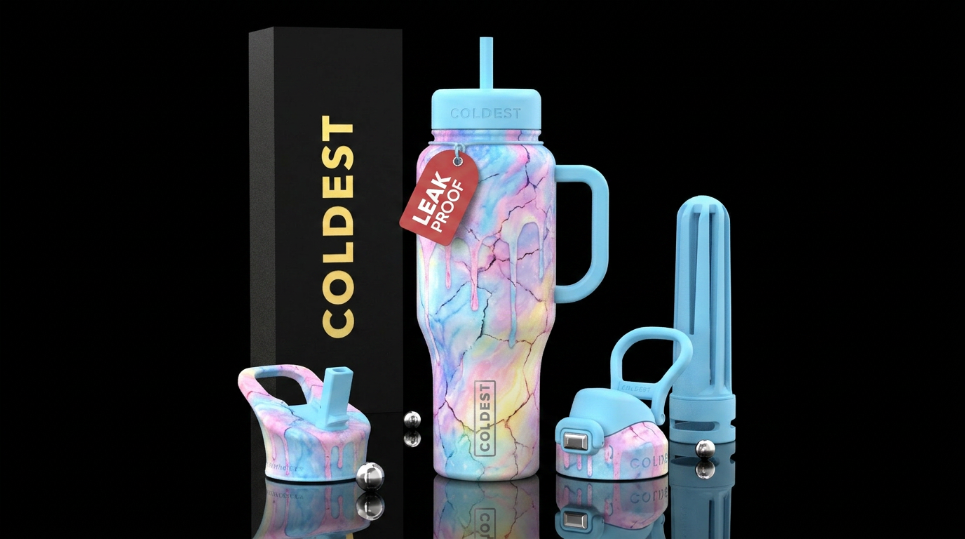 Magical cotton candy color w/ drip cracked marble water bottle design