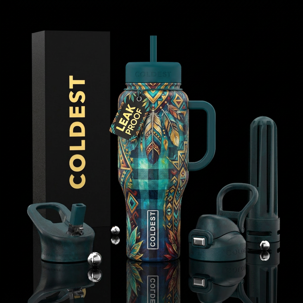 oil painting, buffalo check, tribal water bottle design