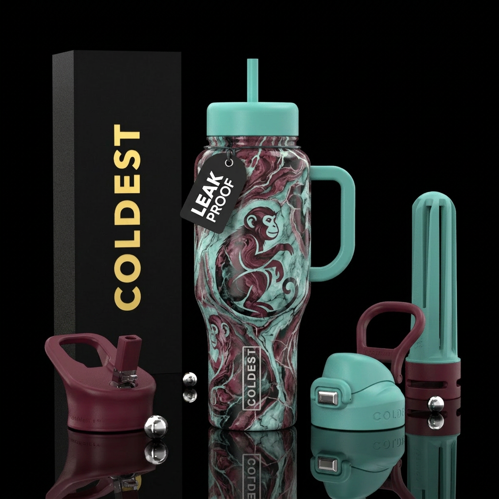 marble,, monkey, wine red, aquamarine water bottle design