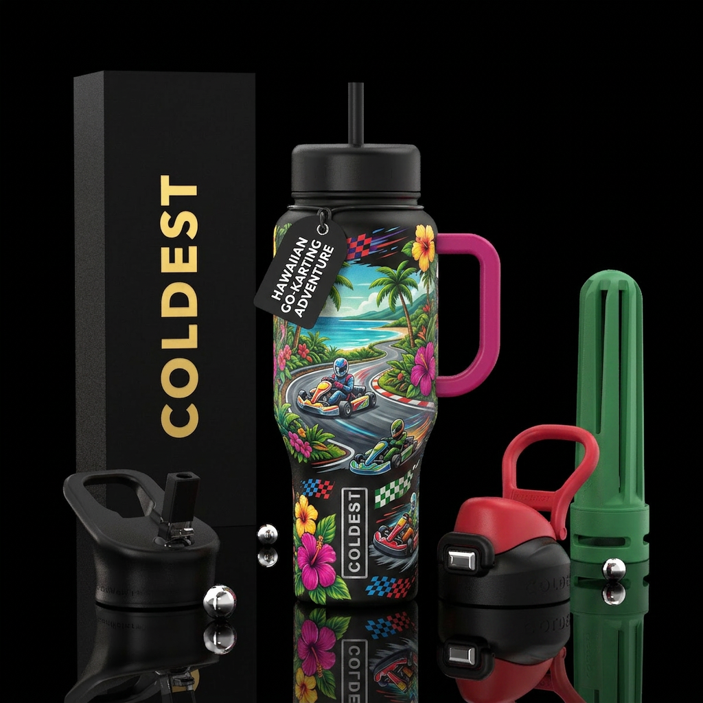 go karting, hawaiian water bottle design