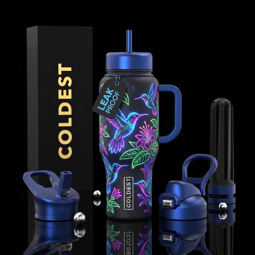 hummingbird, neon, sapphire, soothing water bottle design