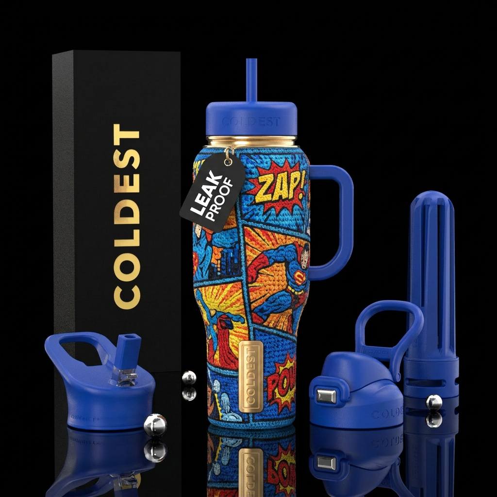 crochet, comic book, fierce water bottle design