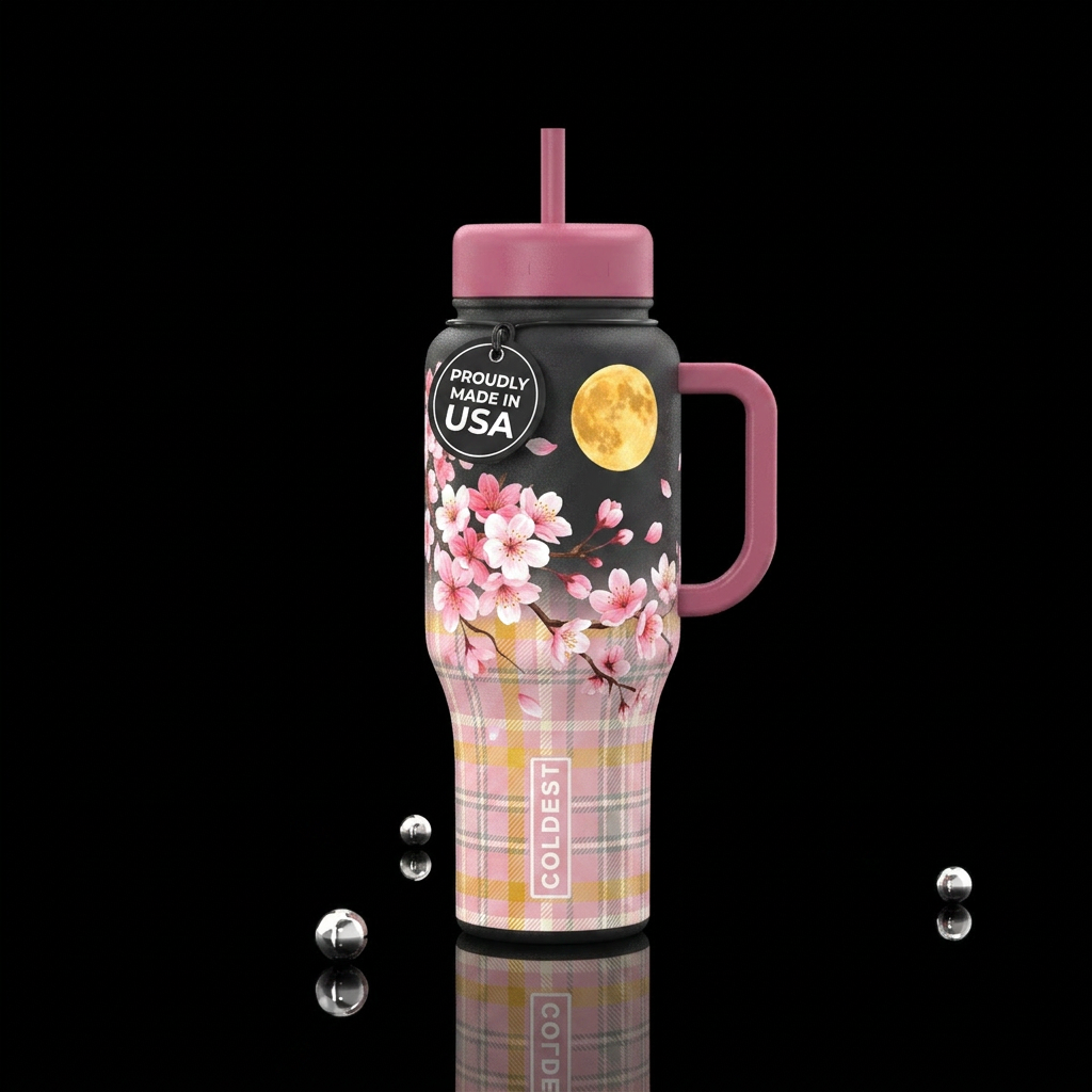 cherry blossom season, cherry blossom, harvest moo... water bottle design