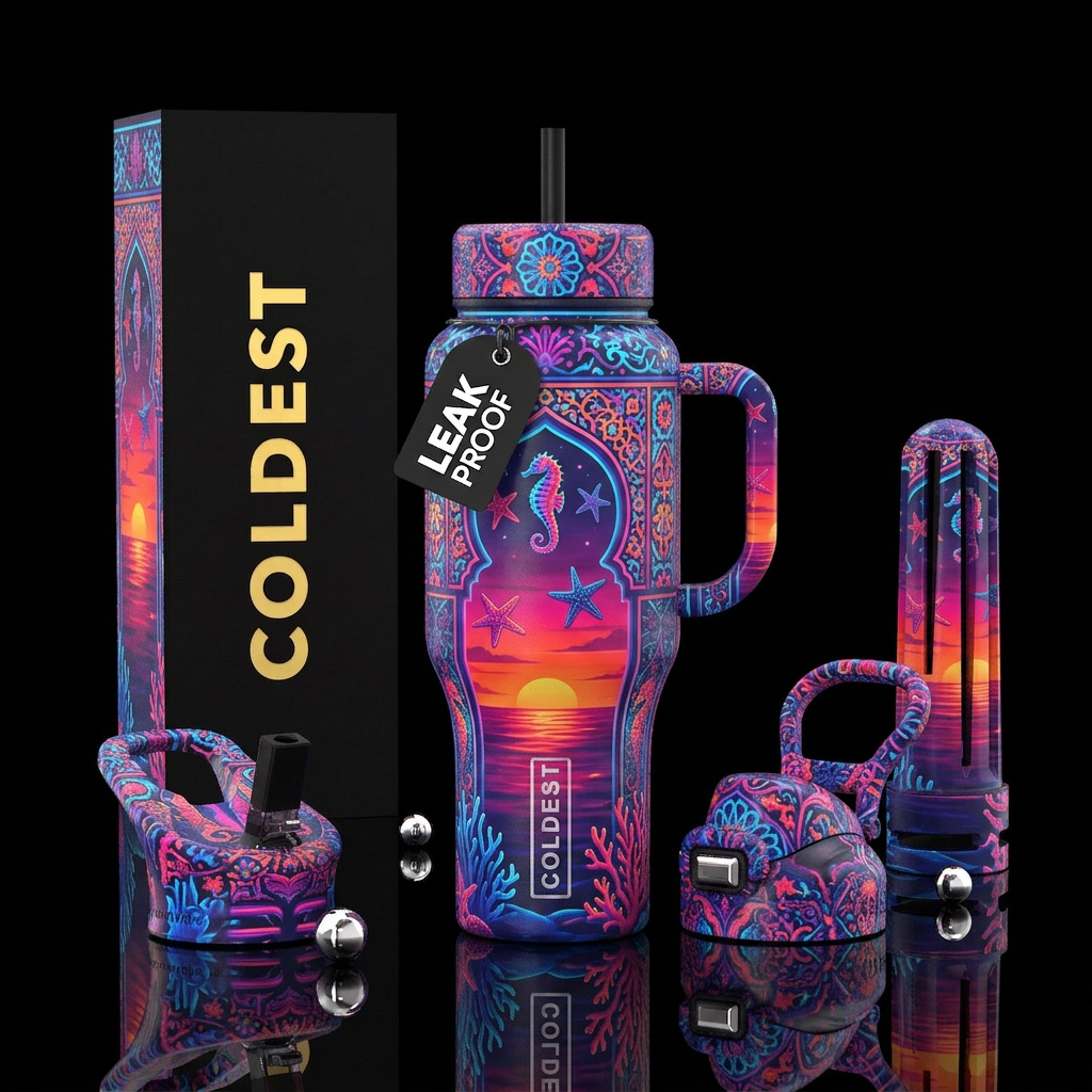 moroccan, marine, sunset, neon water bottle design