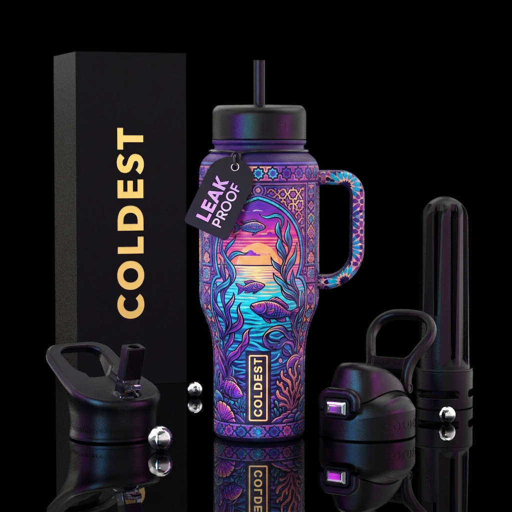 moroccan, marine, sunset, neon water bottle design