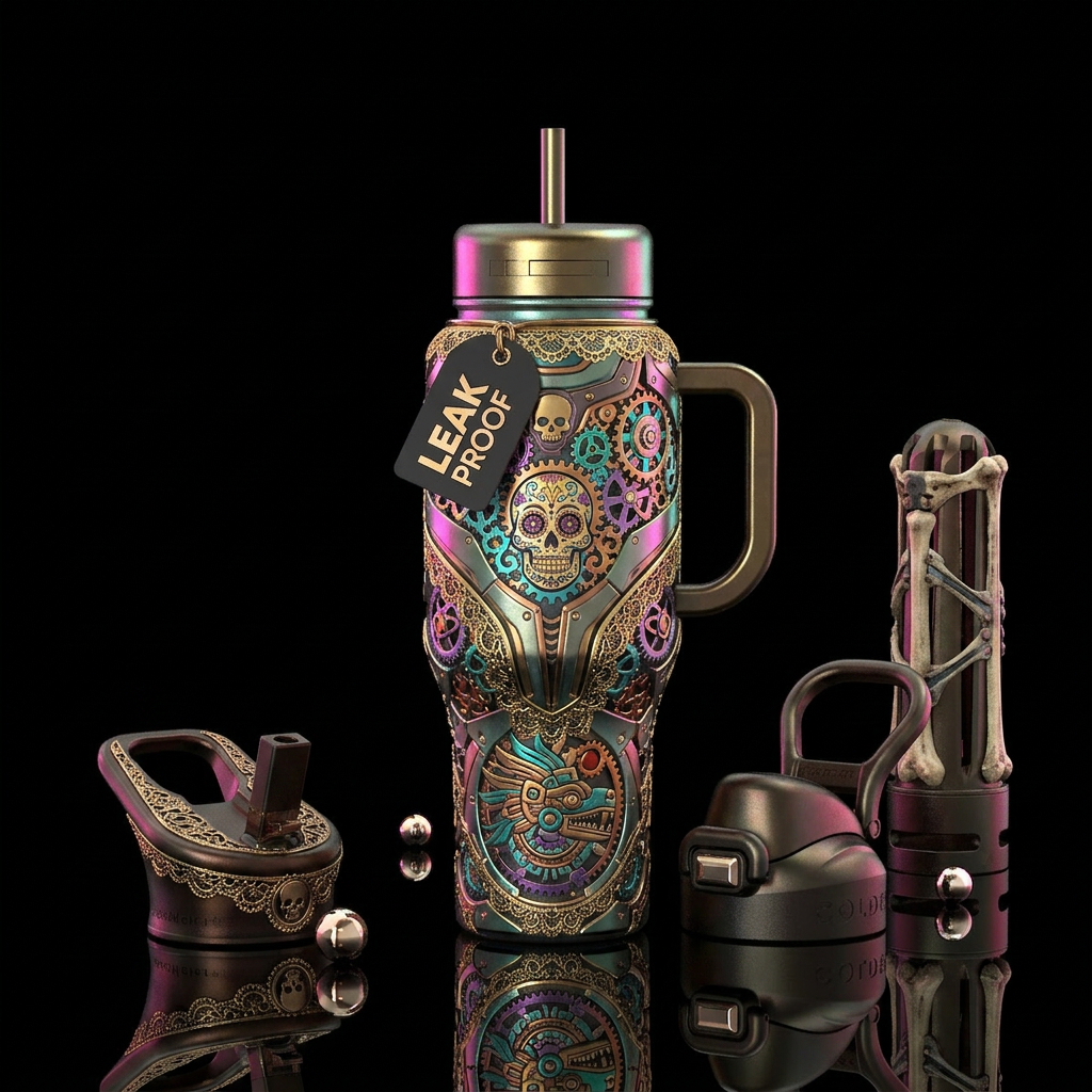 day of the dead, mech, luxurious, lace, mythology water bottle design