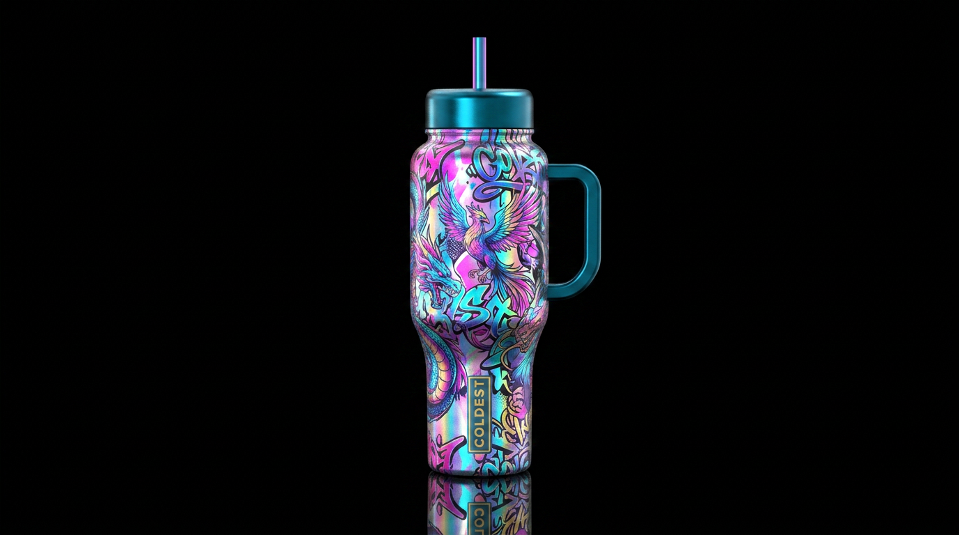 hologram, fantasy, street art water bottle design