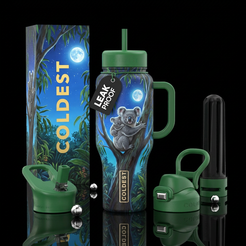 Koala bear, tree, moonlight water bottle design