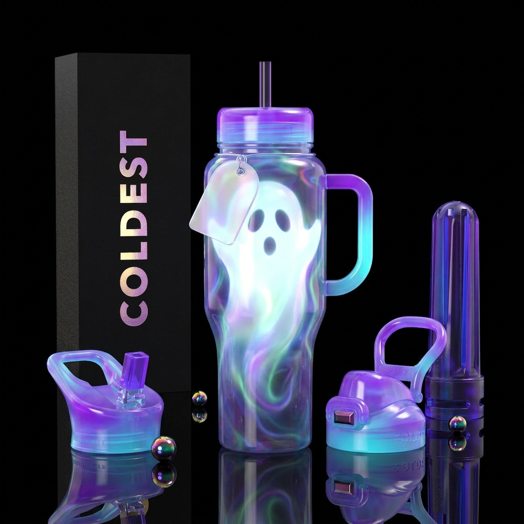 Turn cup into ghost, shiny, realistic, textured water bottle design