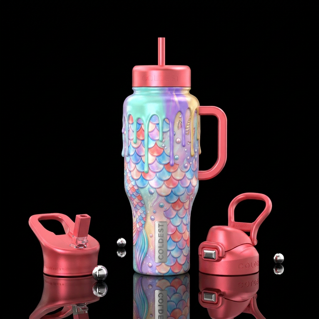 Mermaid unicorn drip, vibrant, water bottle design