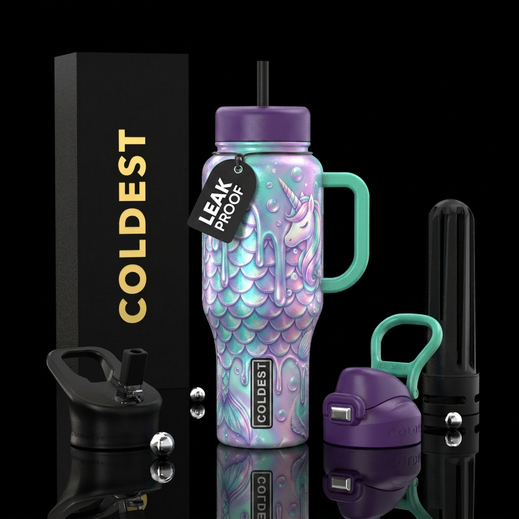 Mermaid unicorn drip, vibrant, water bottle design
