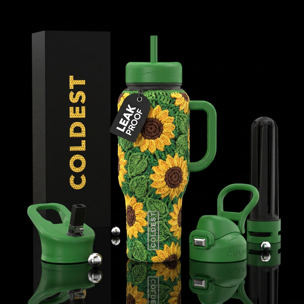 Crochet, sunflowers vibrant water bottle design