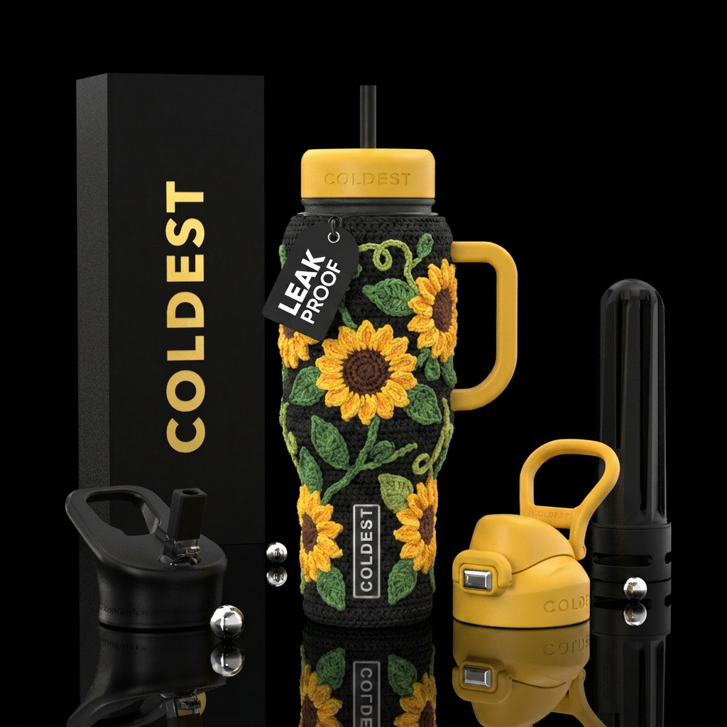 Crochet, sunflowers vibrant water bottle design