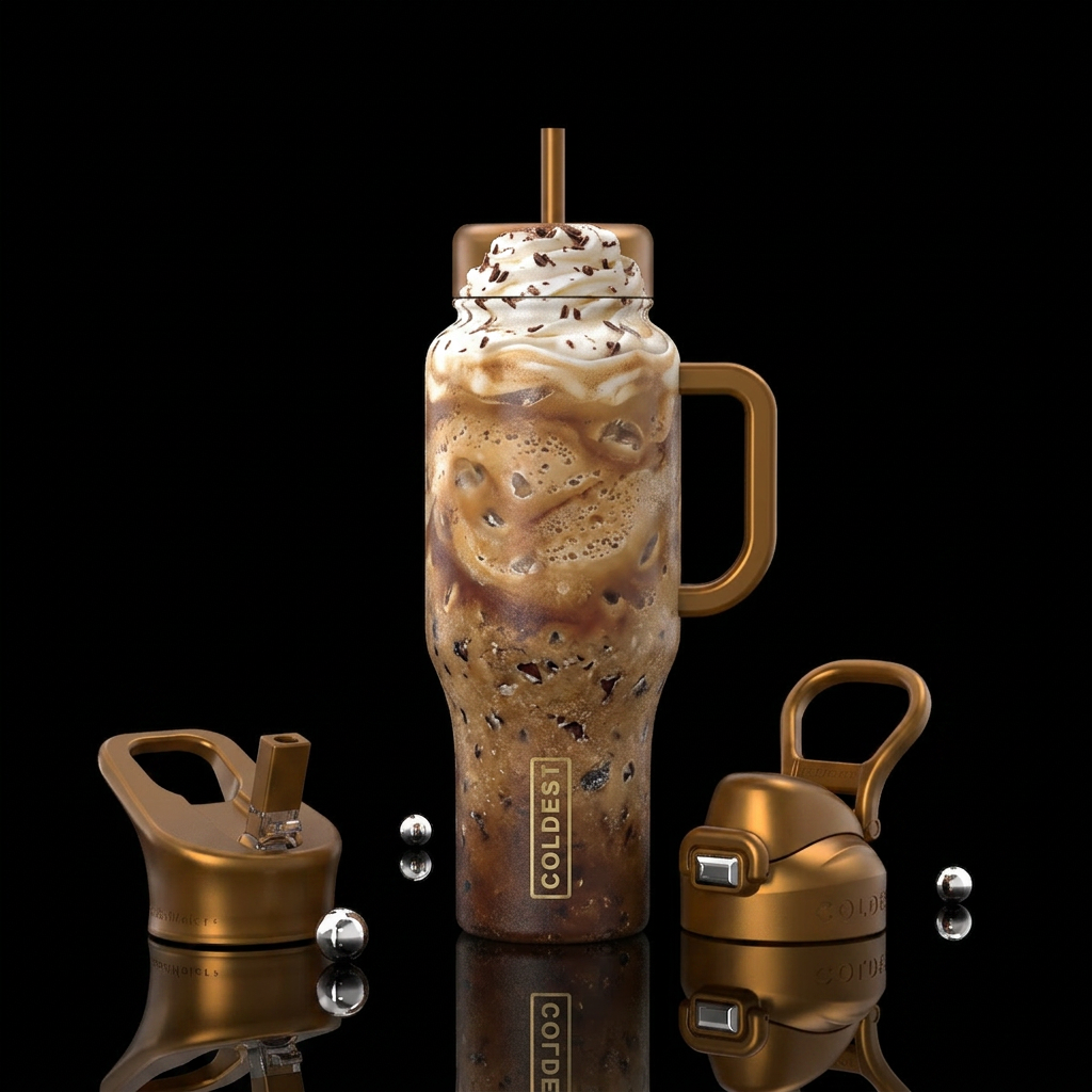 Chocolate chip latte freeze chips on the bottom an... water bottle design
