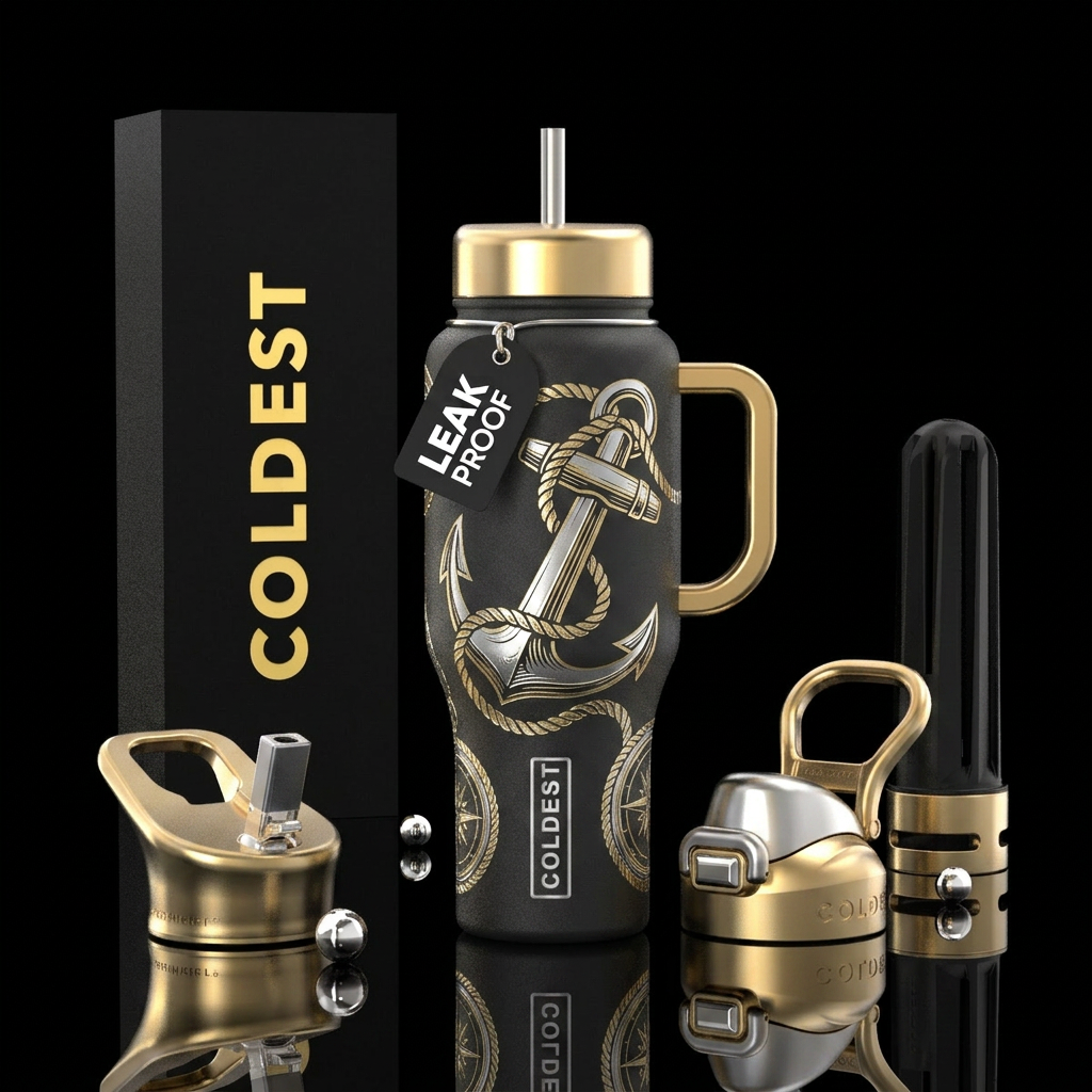 Anchor, silver & golden, realistic, water bottle design