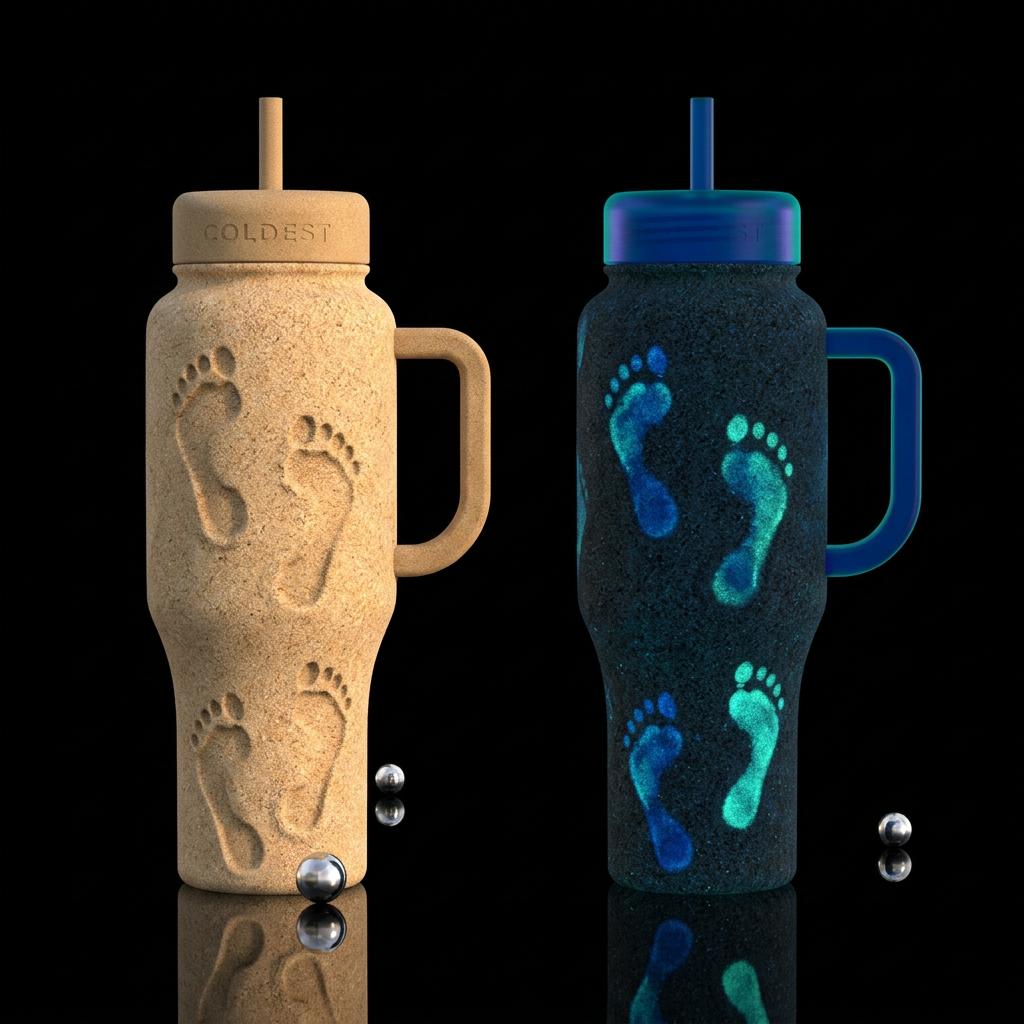 Sand, glow in the dark little foot prints in the s... water bottle design