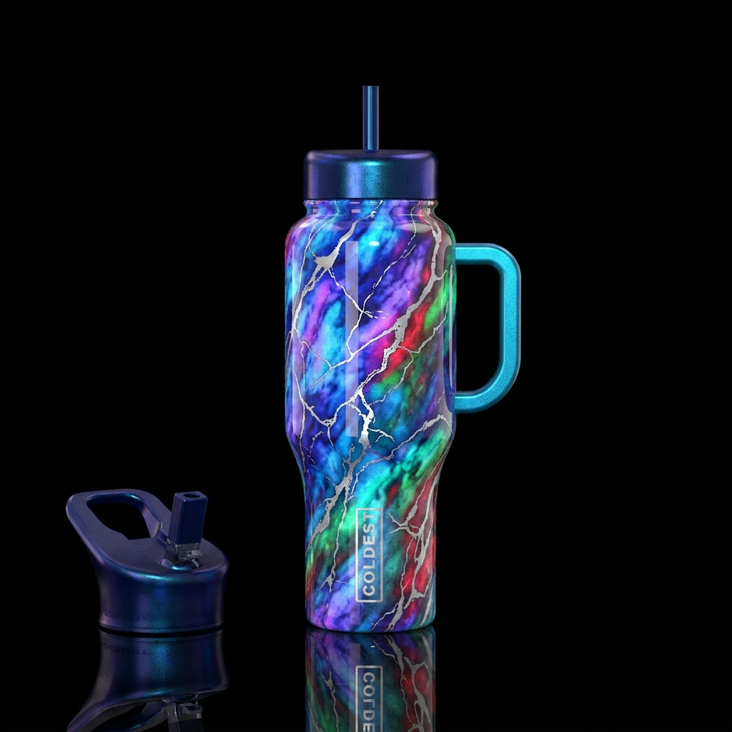 Glow in the dark multicolored marble with silver l... water bottle design