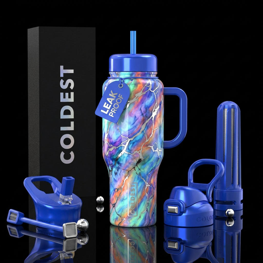 Glow in the dark multicolored marble with silver l... water bottle design