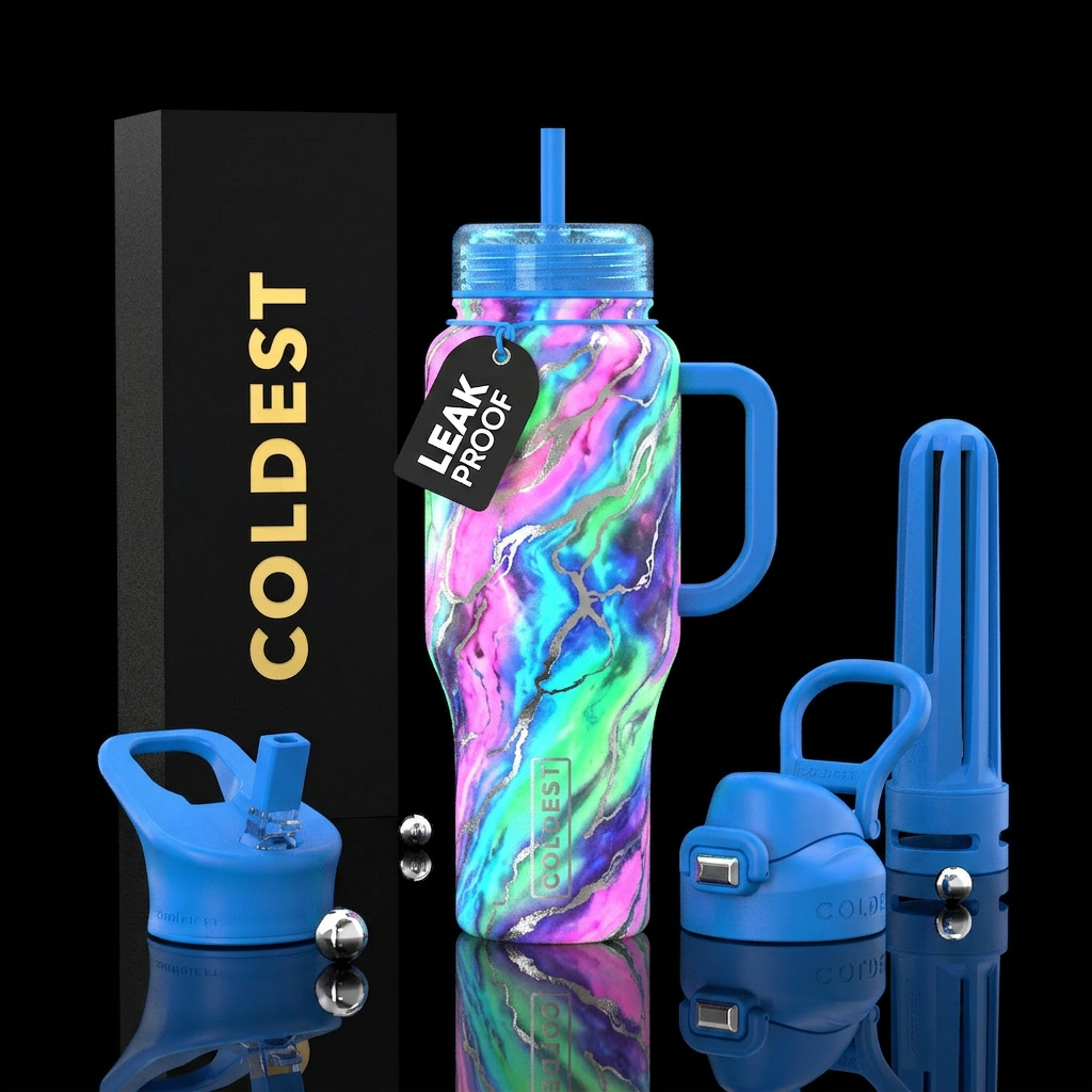 Glow in the dark multicolored marble with silver l... water bottle design