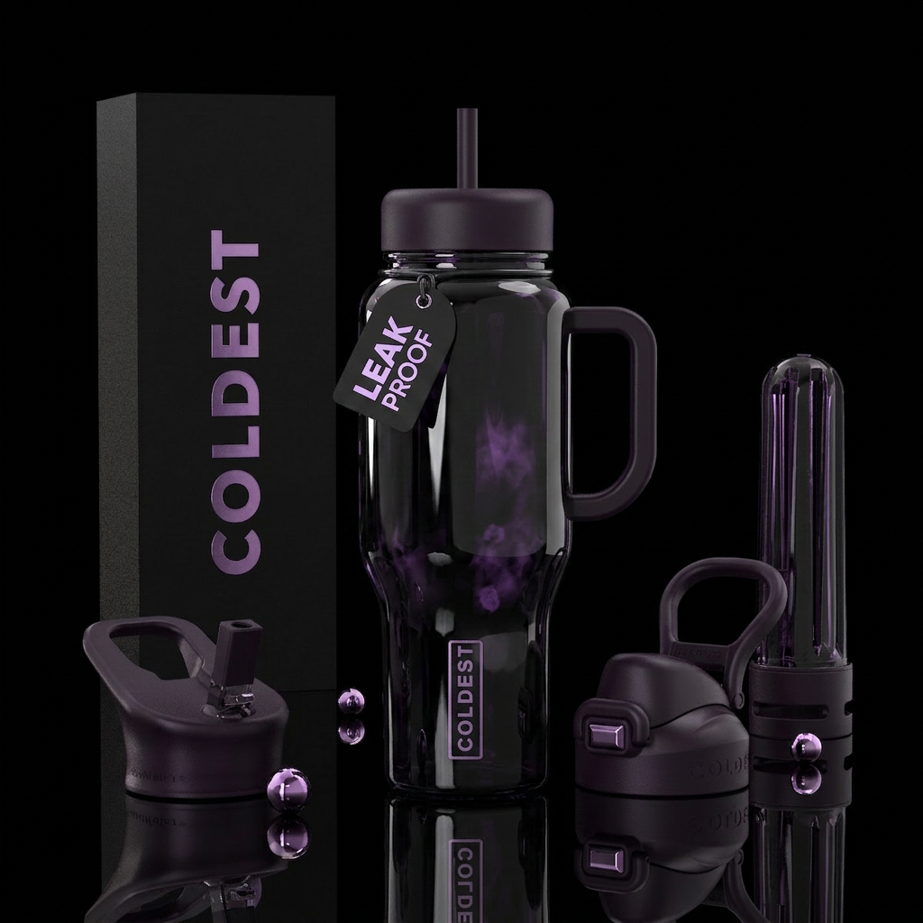 Aggressive Glossy black glass with light purple hu... water bottle design
