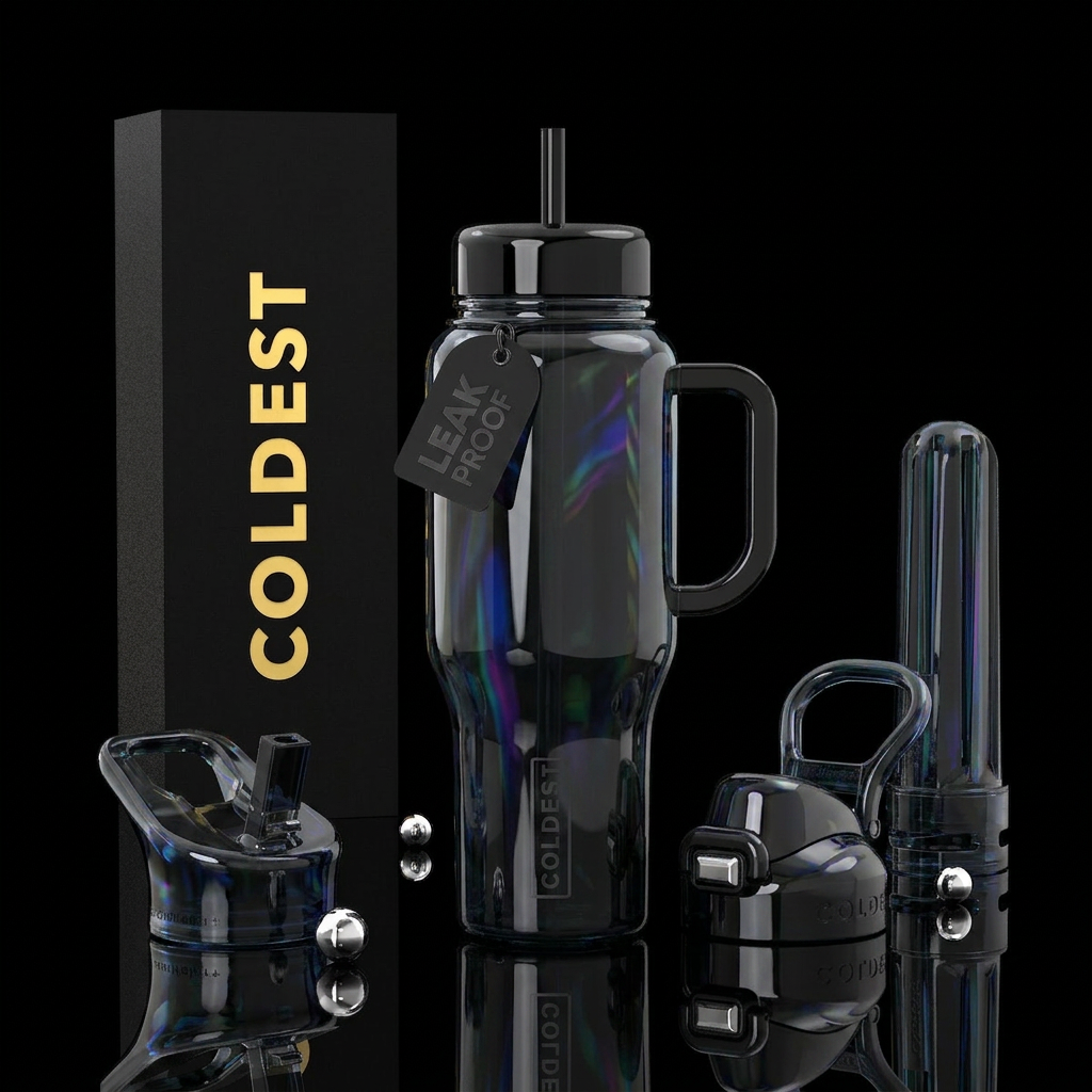 Aggressive Glossy black glass with light hues, low... water bottle design
