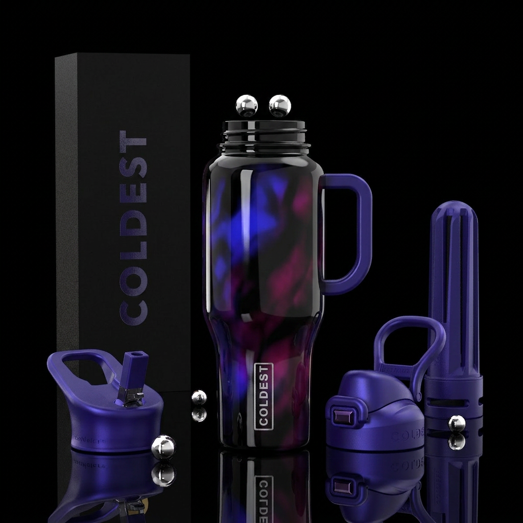 Aggressive Glossy black glass with blurple, low co... water bottle design