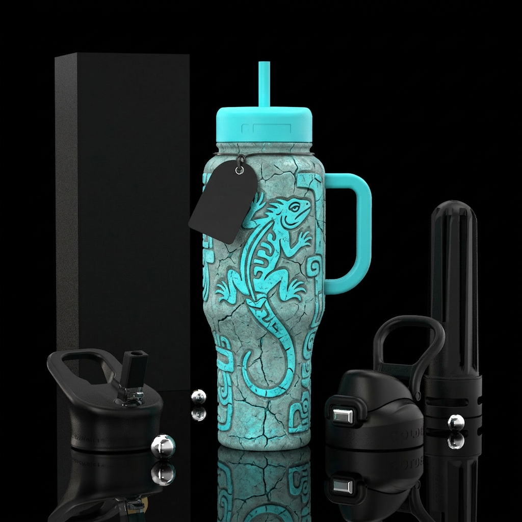 iguana, olmec, cyan, energetic, cracked water bottle design