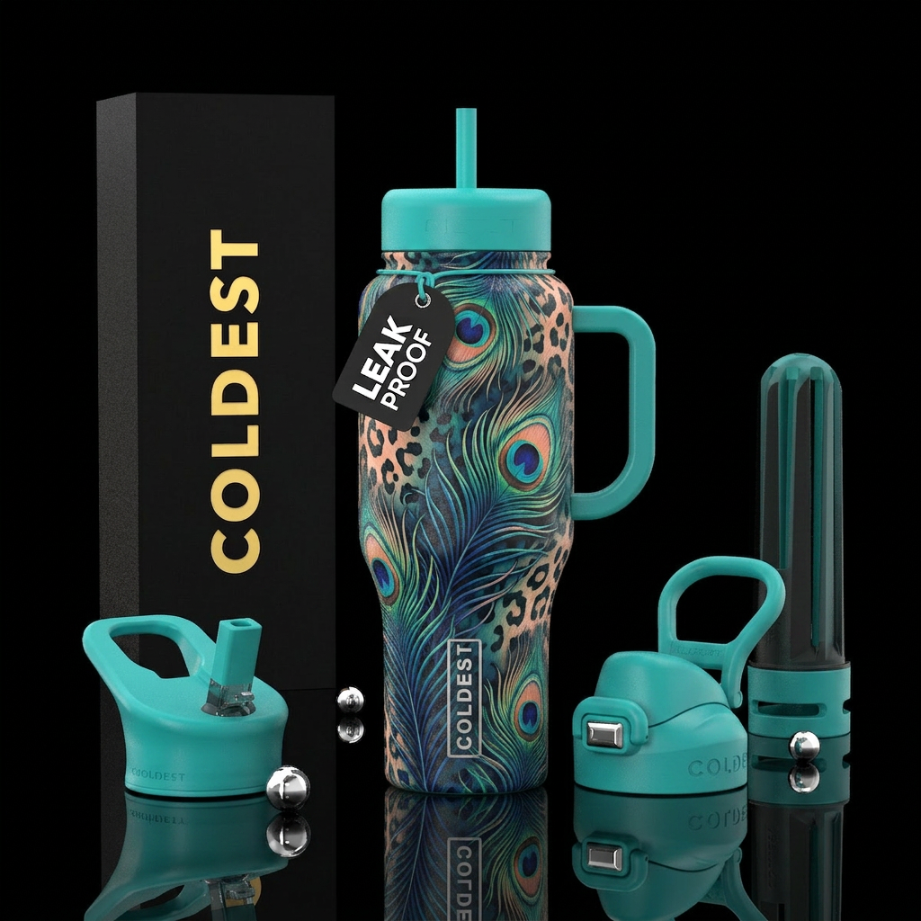 Leopard peach color peacock water bottle design