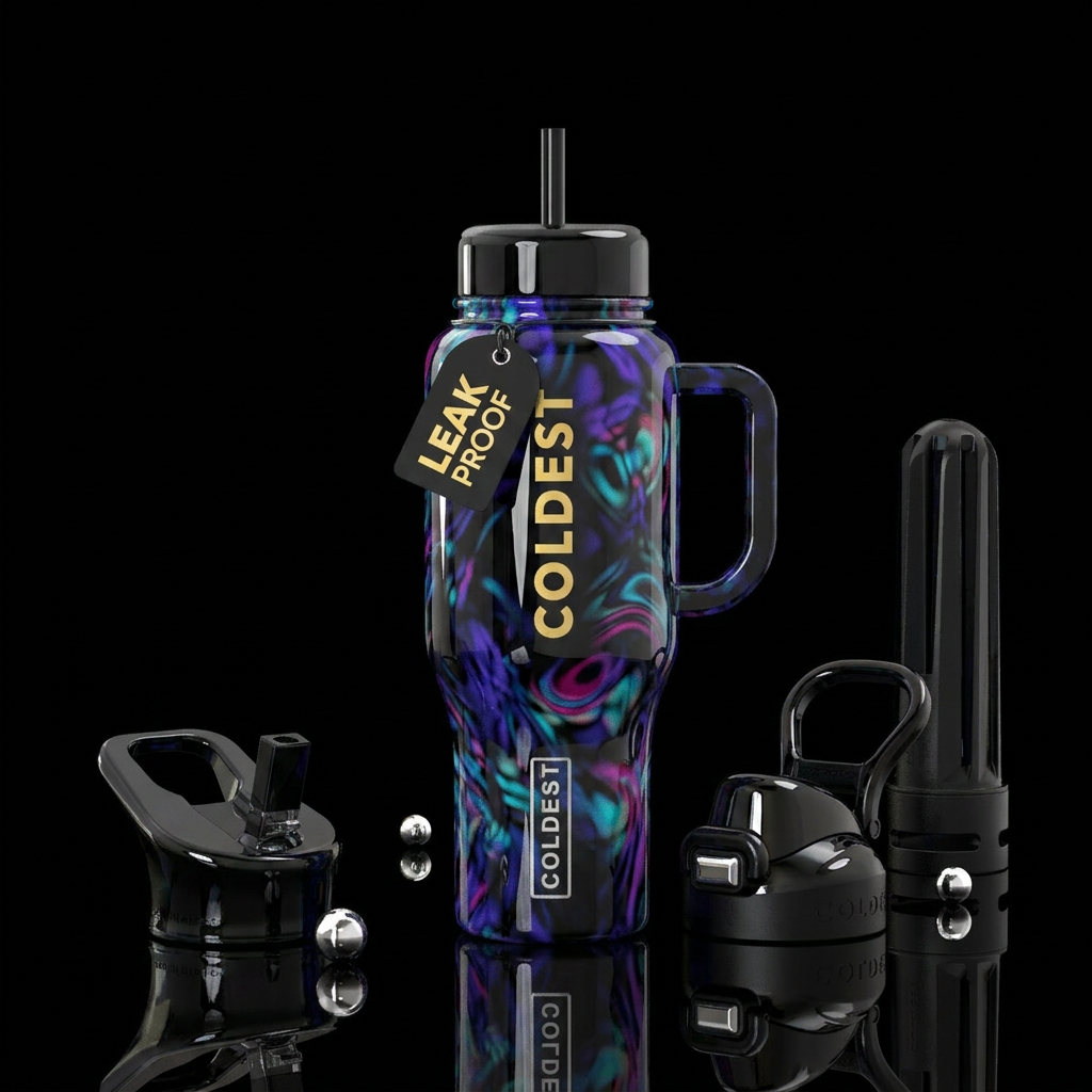 Aggressive Glossy black glass with blurple, low co... water bottle design