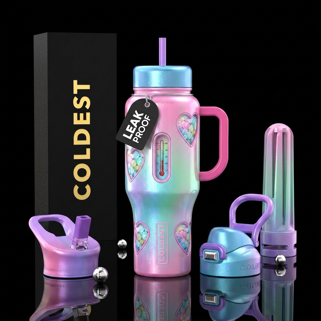 Hearts windows with ice pebbles & temperature gage... water bottle design
