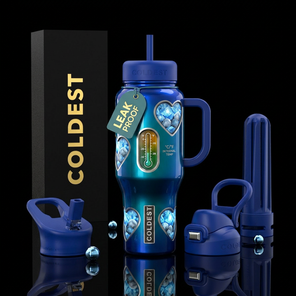 Hearts windows with ice pebbles & temperature gage... water bottle design