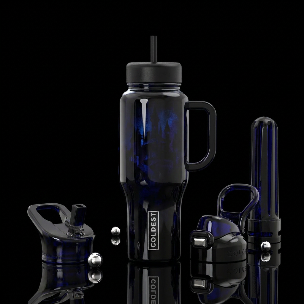 High gloss, Aggressive Glossy black glass with blu... water bottle design