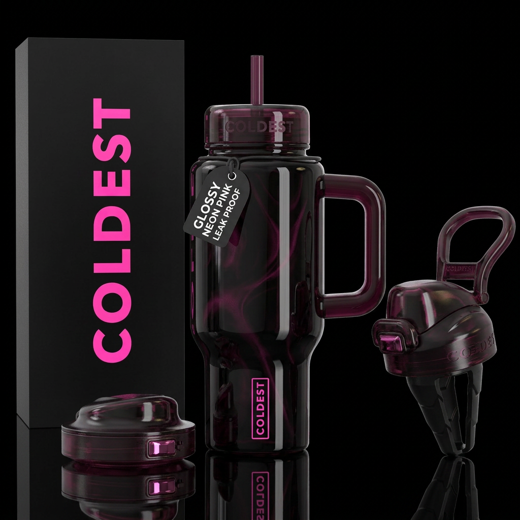 Aggressive Glossy tinted black glass with neon pin... water bottle design