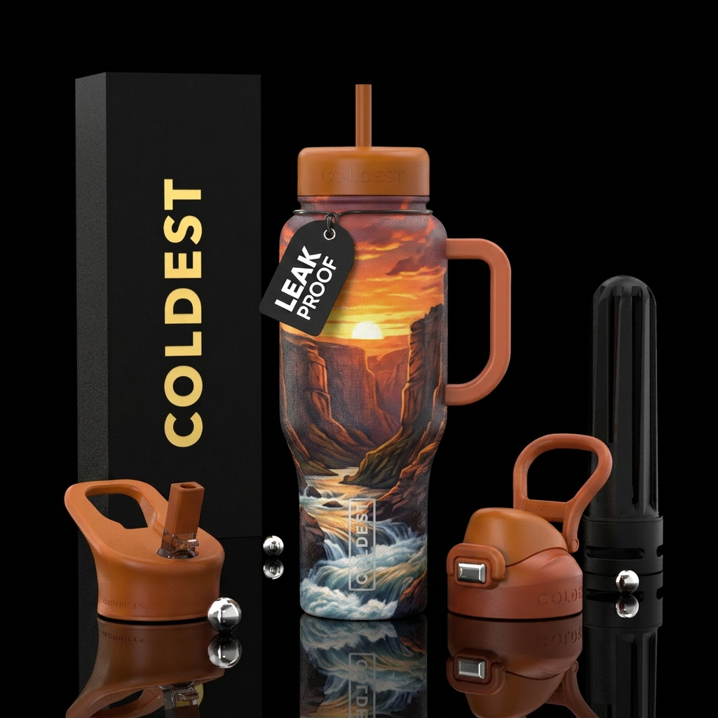 sunset, cliff, rushing rapids, fabric water bottle design