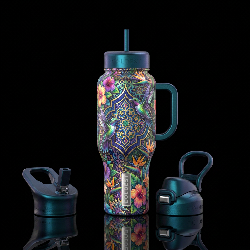 moroccan, hummingbird, iridescent, mysterious, tro... water bottle design