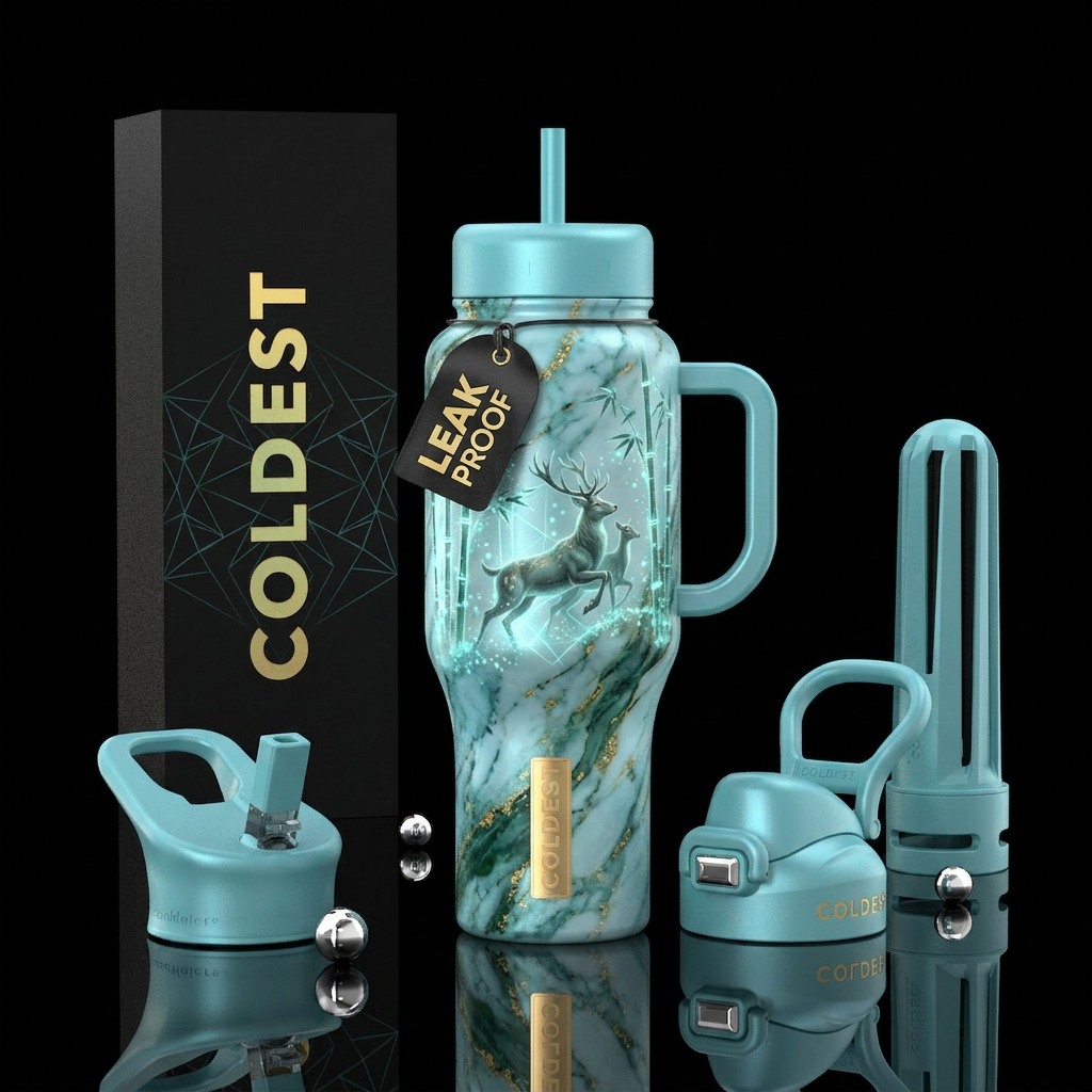 satin, marble, deer, magical, futuristic, aquamari... water bottle design