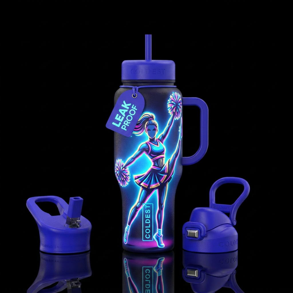 Glow and the dark cheerleader water bottle design
