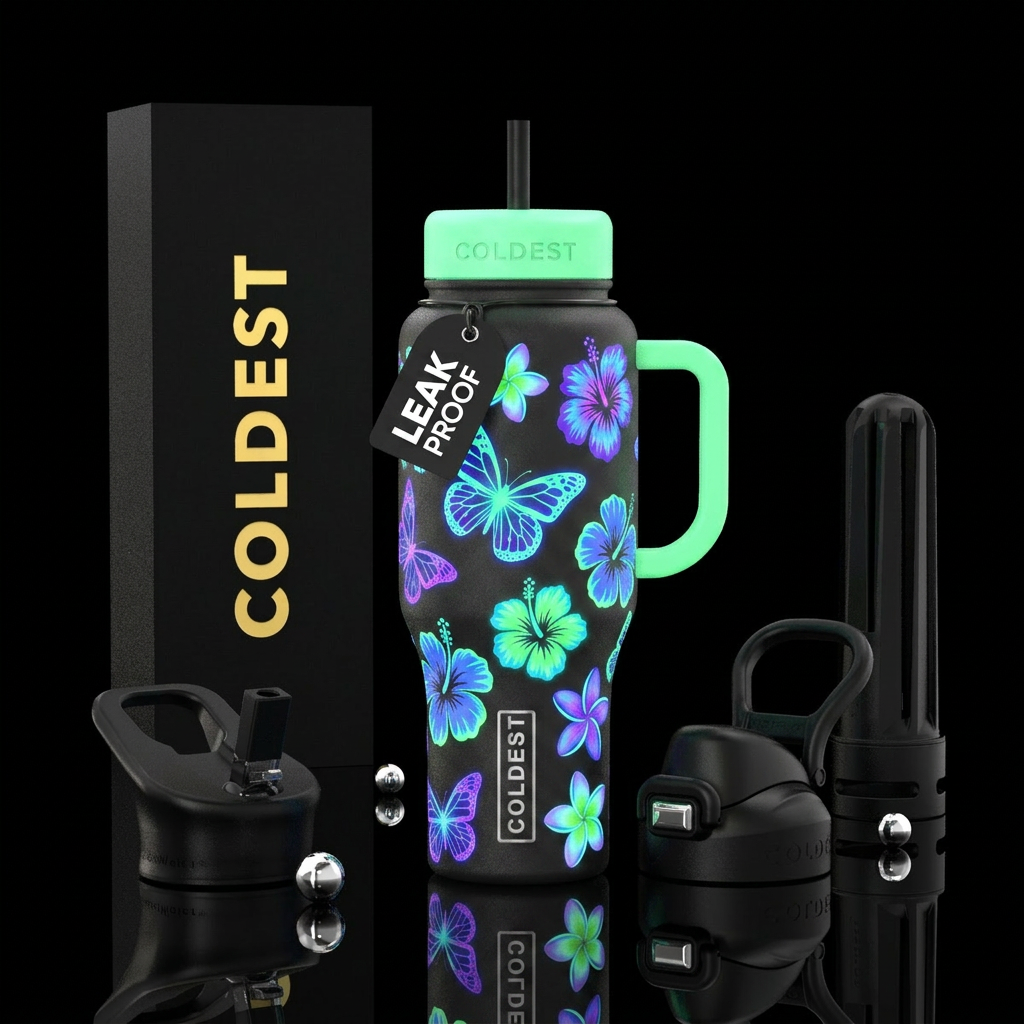 Glow in the dark glowy butterflies with Hawaiian g... water bottle design