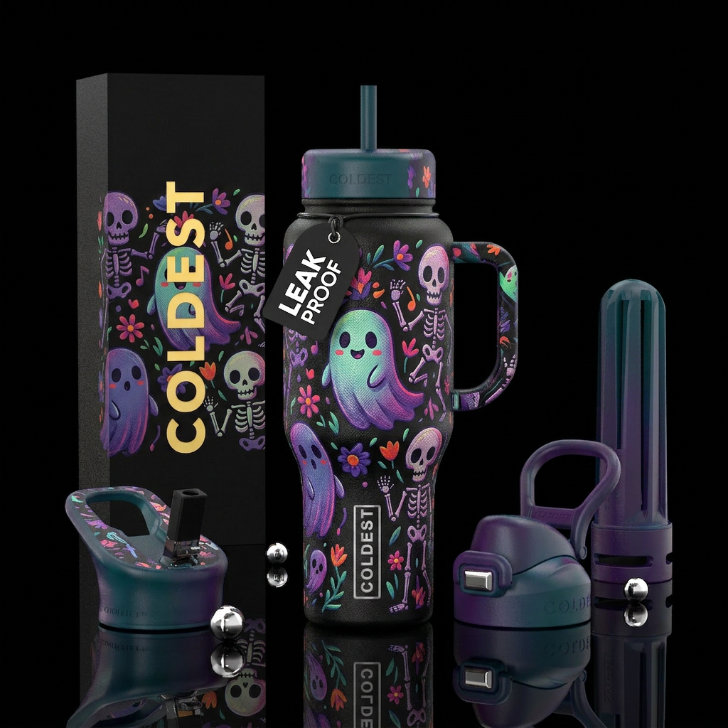 Chloe ghost and skeletons with a textured feel water bottle design