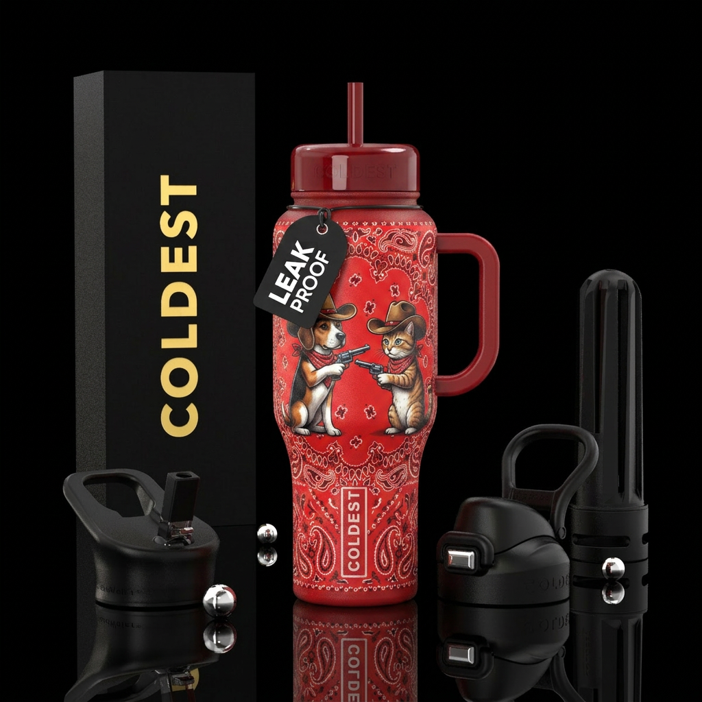 CowDog &cat in cowboy hats standing facing each ot... water bottle design